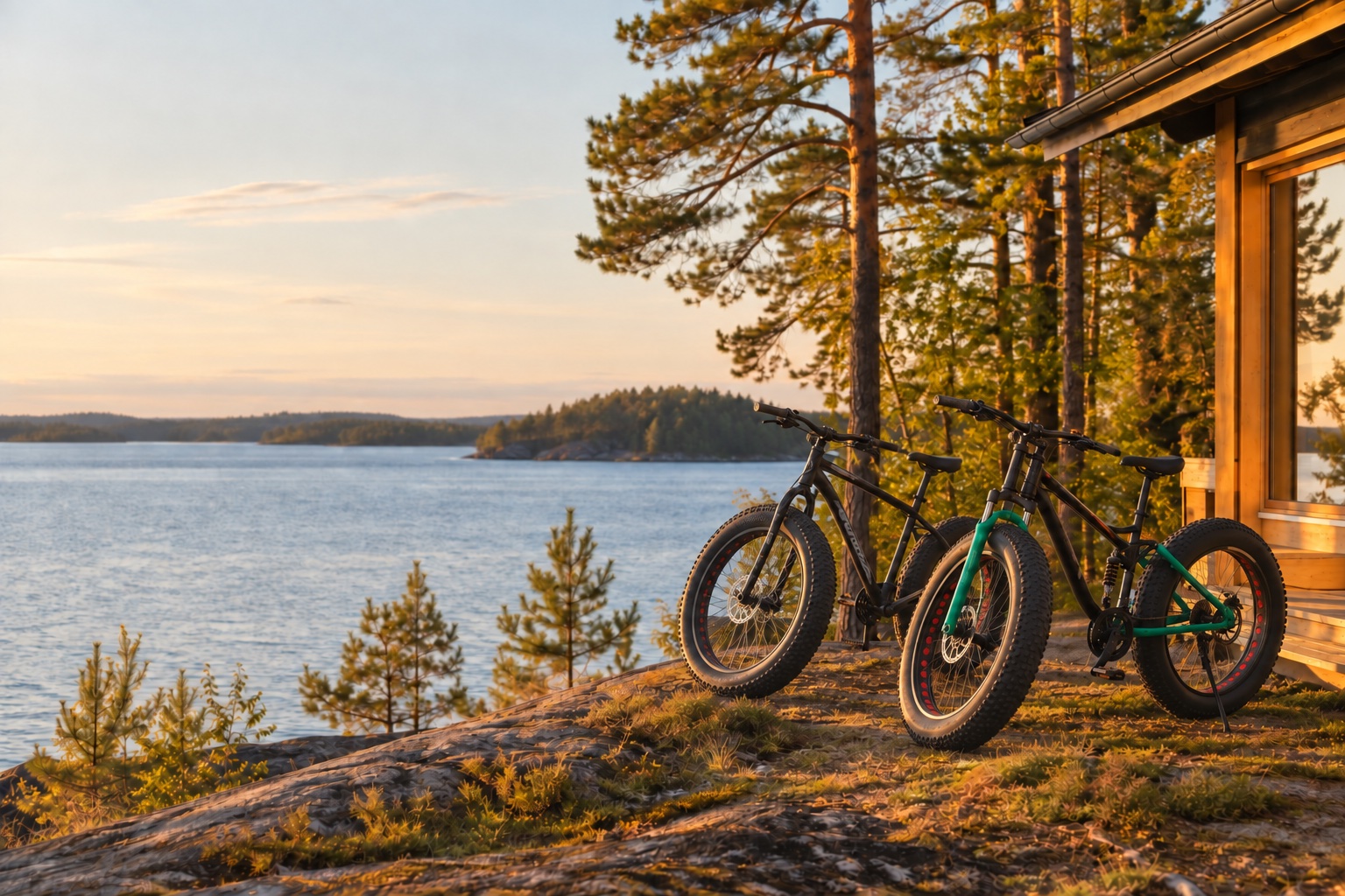 Kuvitus: musta ja musta-vihreä fatbike mökin pihassa veden äärellä.
